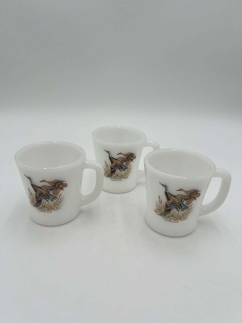 Vintage Fire King Milk Glass Mugs Set 3 Mallard Duck Hunting Coffee Cups